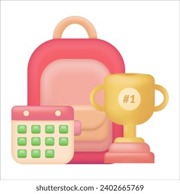 Trofeo, mochila e ícono de calendario para Educación y concepto de clase en línea. Elemento vector escolar.