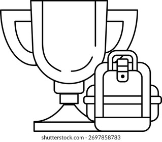 Um troféu e uma mochila são mostrados em um desenho em preto e branco. O troféu é colocado sobre uma mesa, e a mochila é posicionada ao lado dele. Conceito de conquista e realização