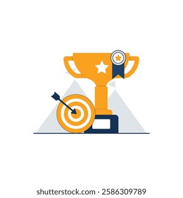 Trophy with Badge and Goal Arrow Vector Illustration. Achievement Concept Design