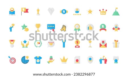 Trophy badges simple collection, premium prize of best quality and trophy of winner, gold stars, diamond and cup reward, crown and laurel. Awards flat icons set vector illustration.