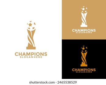 Plantilla Trofeo con la Ilustración vectorial plana del diseño del icono del logotipo de la bola, Plantilla de diseño del logotipo del ganador del premio