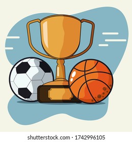 Trophy with basket and soccer ball vector illustration. Champion award and winner cup concept