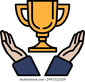 A trophy is being held by two hands, symbolizing victory and achievement. Concept of triumph and success, as the trophy represents the culmination of hard work and dedication