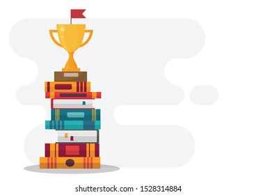 trophy with books on white background. Congratulations on your graduation. Concepts of education and knowledge. Vector illustration in flat design. Copy-space for text.