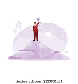 Trophy businessman holding on top of the mountain. Concept of success and leadership. Trend Modern vector flat illustration.