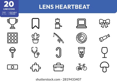 Trophy, cactus, bow, stethoscope, hook, lightbulb, wineglass, suitcase, bicycle, mushroom, puzzle, briefcase, camera, and and grid for lifestyle and applications.