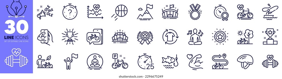 Trophy, Cardio bike and Arena stadium line icons pack. Yoga, Strong arm, Timer web icon. Fitness, Cardio training, Best result pictogram. Winner star, Change clothes, Winner ribbon. Vector