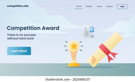 trophy and certificate as competition award with tagline there is no success without hard work with for website template landing homepage