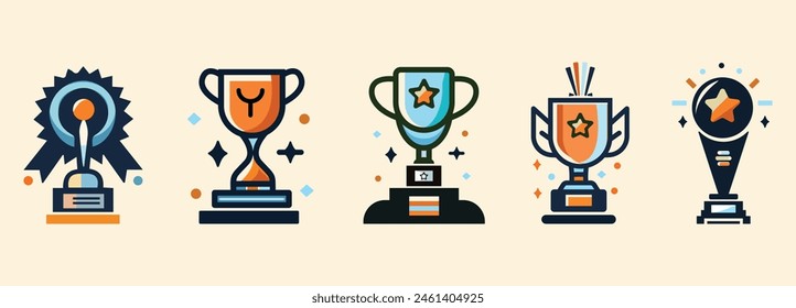 Trophy or Champion Cup flat vector illustration collection or set isolated on a white background. Trophy vector sign
