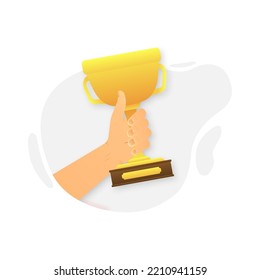 Trophy Champion cup. Hand holding Winner prize, champions award concept. Vector illustration.