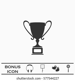 Trophy championship cup icon flat. Black pictogram on white background. Vector illustration symbol and bonus button