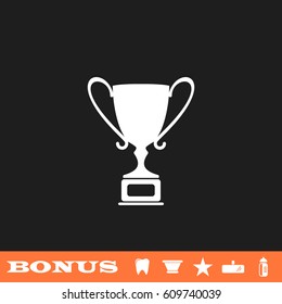 Trophy championship cup icon flat. White pictogram on black background. Vector illustration symbol and bonus button tooth, vase, star, mirror, bottle