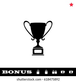 Trophy championship cup icon flat. Black pictogram on white background. Vector illustration symbol and bonus button open and closed lock, folder, star