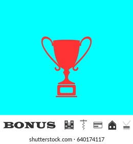 Trophy championship cup icon flat. Red pictogram on blue background. Vector illustration symbol and bonus buttons Music center, corkscrew, credit card, house, drum