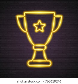 Trophy Championship Cup Sign Neon Light Glowing Vector Illustration Graphic Yellow Colour