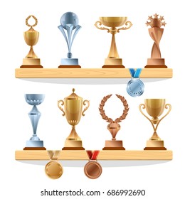 Trophy collections on the shelf. Golden, bronze and silver medals and cups. Vector awards set