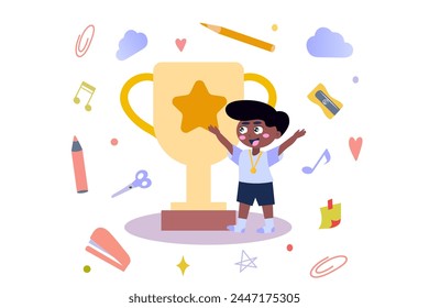 Trophy concept with people scene in flat cartoon design. The schoolboy is happy with the trophies he received for his achievements. Vector illustration.