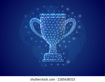 Trophy cup 3d low poly symbol with blue world map background. Award concept design vector illustration. Prize polygonal symbol with connected dots