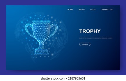 Trophy cup 3d low poly website template. Award design illustration concept. Polygonal Prize symbol for landing page, advertising page.