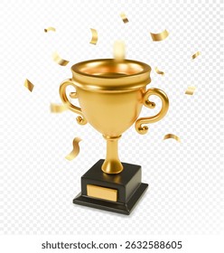 Trophy cup 3d realistic with gold confetti. Champion sport award, shiny golden cup, win first place cup Winner prize, championship goblet