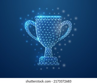 Símbolo de la copa de trofeo 3d en azul bajo de poli. Campeón, premio, diseño de premios, ilustración vectorial de concepto. Wireframe poligonal ganadora.