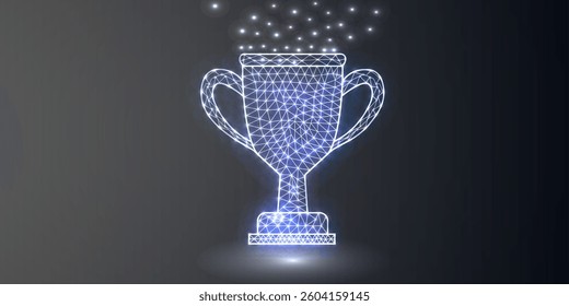Trophy cup 3d symbol in white low poly style. Champion, award, prize design concept vector illustration. Winner polygonal wireframe.
