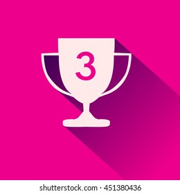 Trophy cup 3rd winner flat icon with long shadow. Vector illustration.