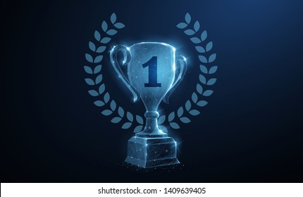 Trophy cup. Abstract vector 3d trophy wreath laurel isolated background. Champions award, sport victory, winner prize concept. Competition success, first place, best win symbol. Top one number