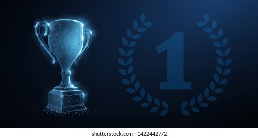 Trophy cup. Abstract vector 3d trophy with laurel wreath isolated background. Champions award, sport victory, winner prize concept. Competition success, first place, best win symbol. Top one number