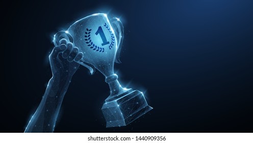 Trophy cup. Abstract vector 3d trophy with laurel wreath isolated background. Champions award, sport victory, winner prize concept. Competition success, first place, best win symbol. Top one number