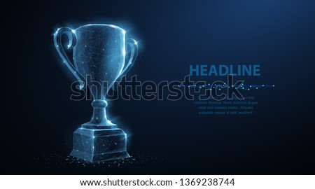 Trophy cup. Abstract vector 3d trophy isolated on blue background. Champions award, sport victory, winner prize concept. Competition success, first place, best win, celebration ceremony symbol.