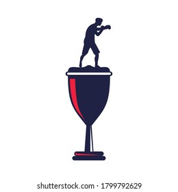trophy cup with athletic man practicing boxing sport silhouette vector illustration design