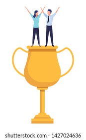 trophy cup award with business people on top icon cartoon