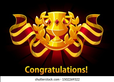 Trophy cup, award with ribbon, vector background for UI game resources. Trophy cup award for winners.