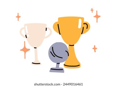 Trophy cup award, stars, achievement, winners goblets, success, rewards, first places, victory and leadership medal concept flat vector illustration.