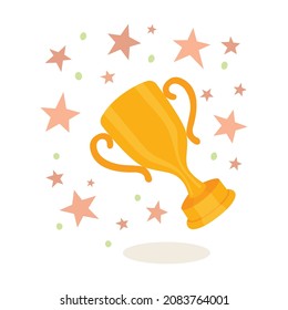 Trophy cup award, stars and confetti. Winner prize concept. Champion trophy abstract drawing. Golden trophy cup cartoon style, hand drawn vector illustration. Part of set.