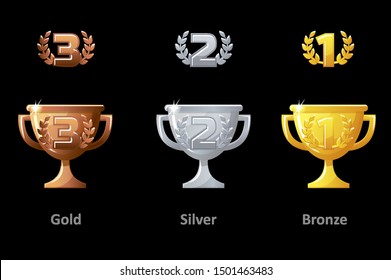 Trophy cup, award, vector icons. Collection gold, silver and bronze Trophy cup award for winners. Vector isolated elements for logo, label, game an app design.