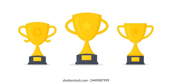  Trophy cup, award, vector icons. Gold trophy with the name plate of the winner. Champions cup trophy vector design. Champion cup winner trophy award.