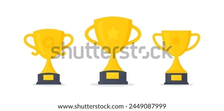  Trophy cup, award, vector icons. Gold trophy with the name plate of the winner. Champions cup trophy vector design. Champion cup winner trophy award.