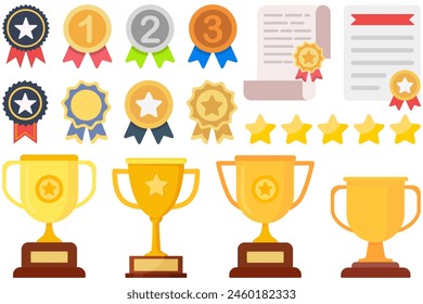 Trophy cup, badge, certificate and award icon collection in a flat icon isolated on white background.