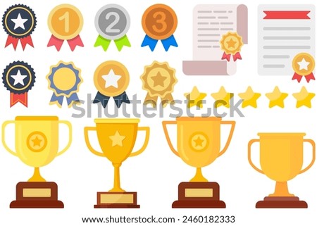 Trophy cup, badge, certificate and award icon collection in a flat icon isolated on white background.