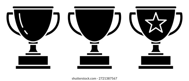 Conjunto de iconos de línea negra de taza de trofeo. Iconos de trofeo, copa, ganador, victoria, medalla, premio, primer lugar, campeón, héroe, éxito, estrella, etiqueta, emblema, logotipo, insignia, Web. Ilustración vectorial.