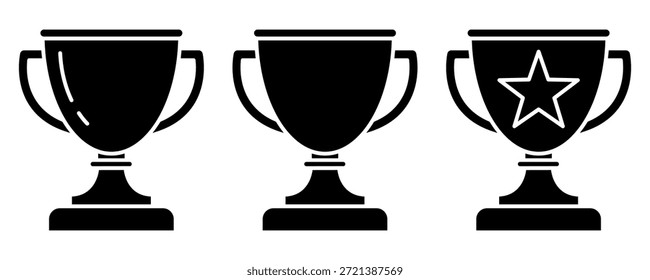 Conjunto de iconos de línea negra de taza de trofeo. Iconos de trofeo, copa, ganador, victoria, medalla, premio, primer lugar, campeón, héroe, éxito, estrella, etiqueta, emblema, logotipo, insignia, Web. Ilustración vectorial.