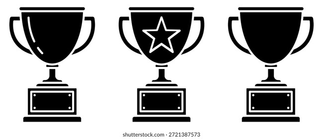 Conjunto de iconos de línea negra de taza de trofeo. Iconos de trofeo, copa, ganador, victoria, medalla, premio, primer lugar, campeón, héroe, éxito, estrella, etiqueta, emblema, logotipo, insignia, Web. Ilustración vectorial.