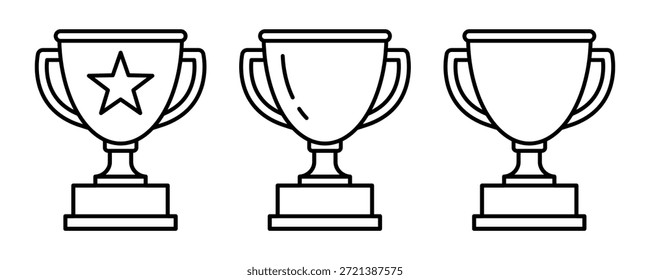 Conjunto de iconos de línea negra de taza de trofeo. Iconos de trofeo, copa, ganador, victoria, medalla, premio, primer lugar, campeón, héroe, éxito, estrella, etiqueta, emblema, logotipo, insignia, Web. Ilustración vectorial.
