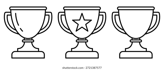 Trophy Tasse schwarze Linie Symbol-Set. Trophy Icons, Cup, Sieger, Sieg, Medaille, Auszeichnung, erster Platz, Champion, Held, Erfolg, Stern, Label, Emblem, Logo, Badge, Web. Vektorgrafik.