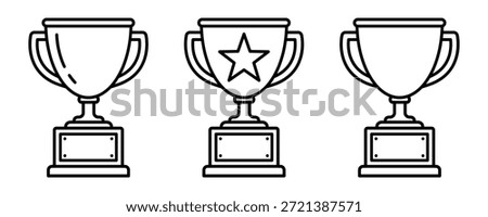 Trophy cup black line icon set. Trophy icons, cup, winner, victory, medal, award, first place, champion, hero, success, star, label, emblem, logo, badge, web. Vector illustration.