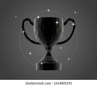 Trophy Cup in Black and White. Dark Low Poly Vector Greyscale Silhouette 3D Rendering