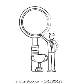 trophy cup with businessman and magnifying glass vector illustration design