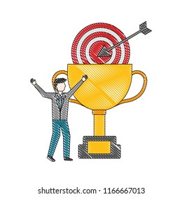 trophy cup with businessman and target arrow